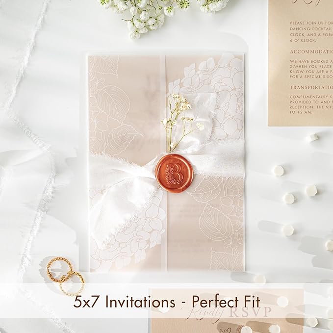 50 Pack Pre-Folded Vellum Jackets for 5x7 Invitations,AZAZA Elegant Translucent Invitation Sleeves,115GSM Vellum Jackets 5x7, Wedding Invitation Accessories, for Weddings Birthdays, Hydrangea Floral