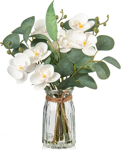 White Orchids Artificial Flowers with Vase Fake Flowers in Vase Artificial Eucalyptus Stems in Glass Vases with Faux Water Faux Orchid with Eucalyptus Leaves Arrangement for Dining Table Centerpiece