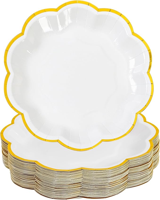 White Golden Party Plates Gold Foil Dessert Paper Plate 7inch Scalloped Edge Disposable Cake Plates for Tea Party Birthday Bridal Baby Shower Wedding Party Supplies (48, White)