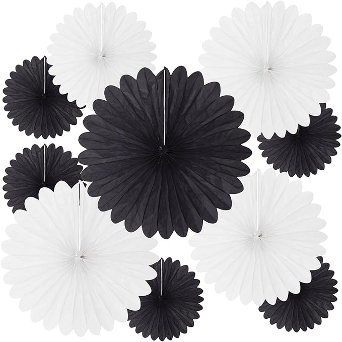 20 Pcs Black White Hanging Paper Fan, Round Paper Fans Decorations Set for Weddings, Birthdays, Engagement, Bridal Shower, Baby Shower Event, Graduation, Party Supplies Decor