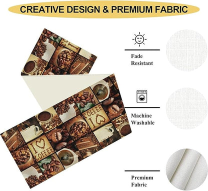 Coffee Theme Table Runner, Retro Farmhouse Coffee Cup Latte Cappuccino Tea Party Cafe Table Center Decor for Home Kitchen Dining Patio Holiday Party Indoor Outdoor Table Decorations,13"x72" Inch