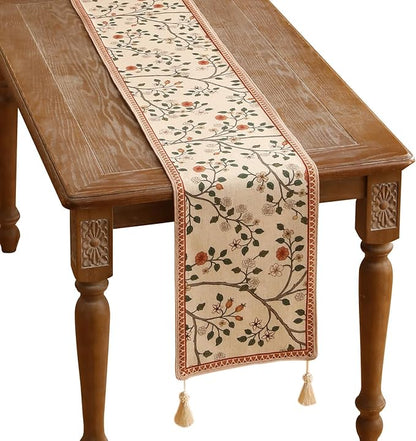 ISAENNE Designer Elegant Linen Floral Table Runner 71 Inches Long,Farmhouse Light Beige Durable Decor Table Runners for Dining Tables,Thanksgiving,Kitchen Tables,Christmas,12"*71"-Flora A