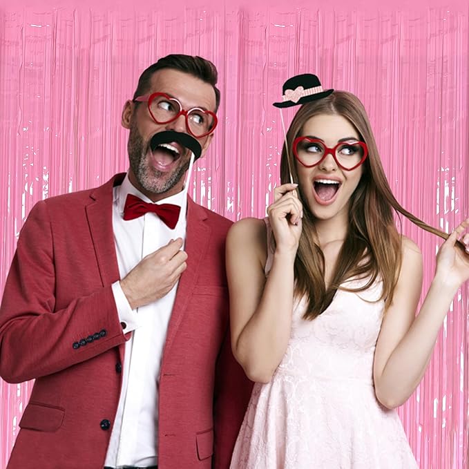 2 Pack Foil Curtain Pink Backdrop Streamers Metallic Tinsel Fringe Curtains Photo Booth Props for Birthday Wedding Engagement Bachelorette Christmas Holiday Celebration Party Decorations