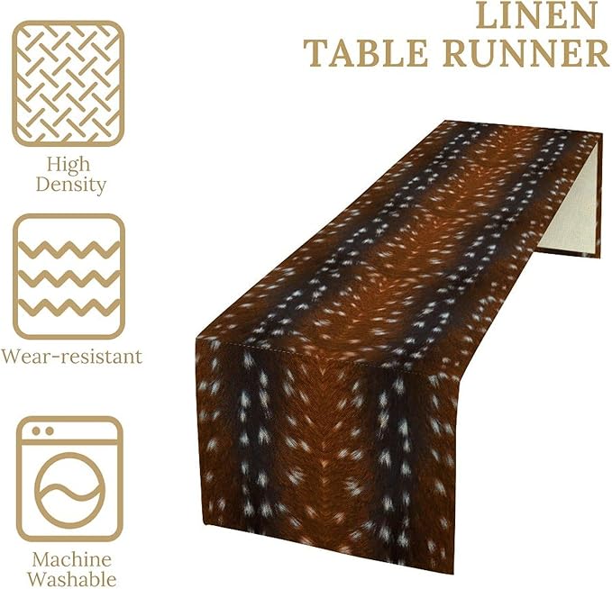 Deer Skin Table Runner Brown Fur Runner Black White Elk Deer Print Fur Western Print Cotton Linen Cottage Dinner Table Runners for Dining Room Kitchen Table Setting, 13x60 Inch