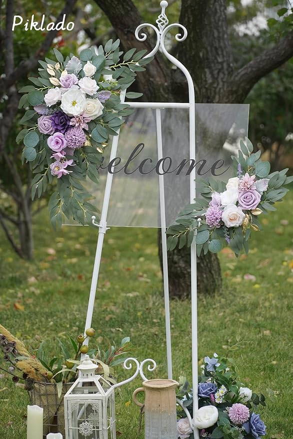 Faux Flower Swag Set of 2 for Wedding Welcome Signs Floral Swag Wedding Reception Ceremony Signs Decor (Purple)