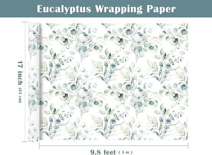 WRAPAHOLIC Eucalyptus Leaves Wrapping Paper Roll - Mini Roll - 17 Inch x 9.8 Feet - Eucalyptus Greenery Wrapping Paper Perfect for Birthday, Wedding, Bridal Shower