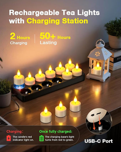SoulBay Flameless Candles with Remote Control Timer & Charging Base, 12pcs USB Rechargeable Battery LED Tea Lights Candles Small Votive for Lantern Pool Mantle Weddings Emergency Christmas Decorative