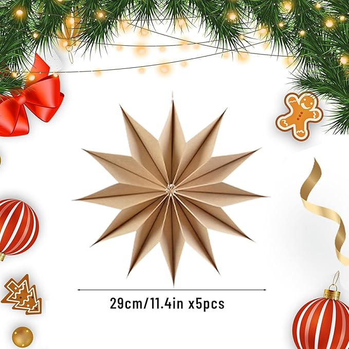 5 Pcs 12-Pointed Brown Paper Star Lanterns 12 Inch Hanging Lamp Rustic Paper Decorations Shade Scandi Home Party Decorations for Wedding Birthday Christmas