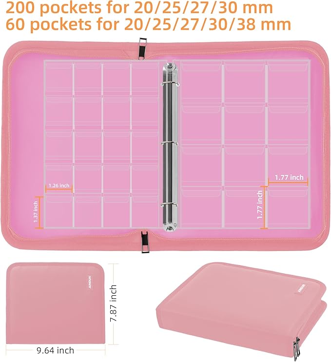 Coin Collection Book for Collector,260 Pockets Fireproof Coin Collection Holder Album,Coin Collection Organizer Storage Box Case Album for 20/25/ 27/30/ 38mm Coins,Pink