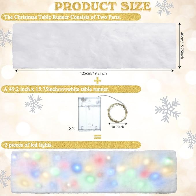 Jetec LED Christmas Fake Snow Blanket with Lights Artificial Snow Blanket with 2 Pcs LED Lights Lighted Snowflake Table Runner for Christmas Tree Village Display Winter Party Decor(15.75''x 49.21'')