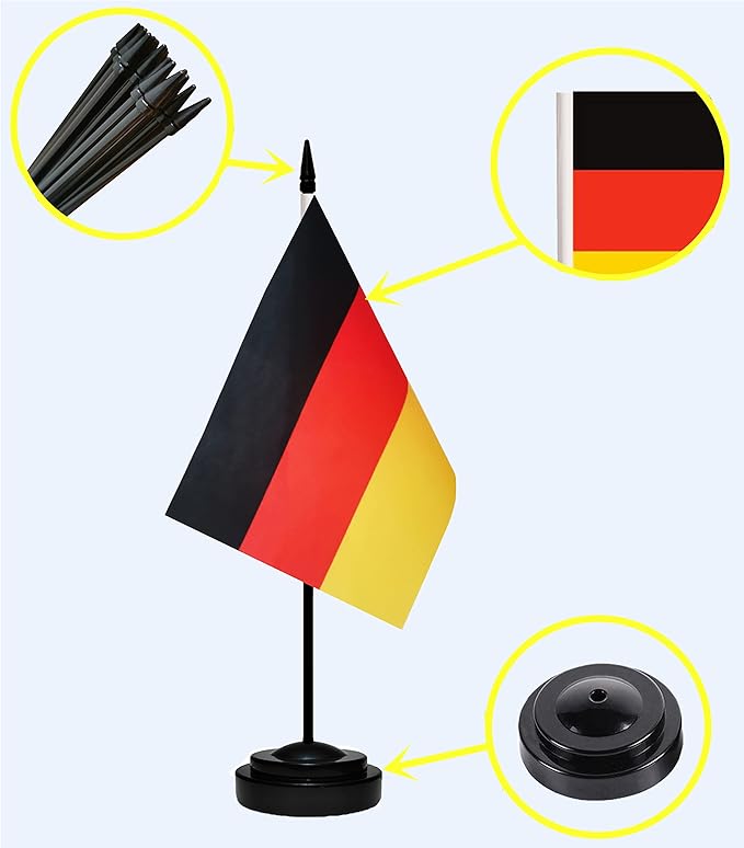 Germany German Deluxe Desk Flag Set, Small Mini Miniature Germany German Table Desktop Flags With Solid Pole, Black Base and Spear Top(2 Pack)