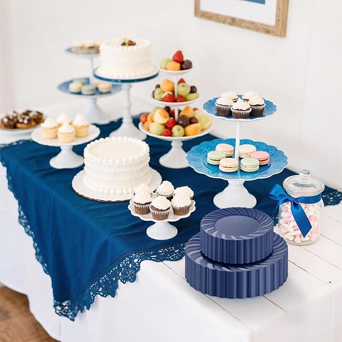 U-QE 60 Pcs Blue Plastic Plates for Party – Scalloped Blue Plates Disposable Heavy Duty – Include 30 10.25" Dinner & 30 7.25" Dessert Plate - Perfect for Birthday Parties, Baby Showers, and Weddings