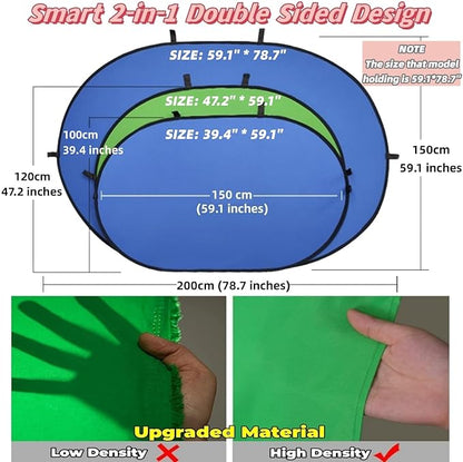 Blue Green Screen Backdrop Double Sided Collapsible Greenscreen Backdrop with Carrying Bag,Portable Pop Up Green Screen Background for Streaming Webcam, Blue & Green 59.1 * 78.7"