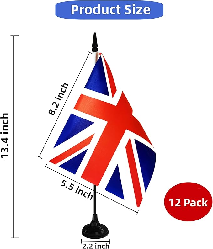 UK Britain Desk Flag, 12 Pack British Table Office Flag with Black Solid Pole and Stand Base, International Country Flag, Festival Celebration, Classroom Meeting Desktop Decor (UK)