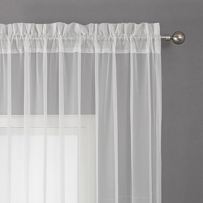 VISIONTEX White Sheer Voile Curtains, Decorative White Embossed European Rod Pocket Window Drapes for Home Kitchen, Living Room and Bedroom 54 x 63 Inch, Set of 2 Curtain Panels