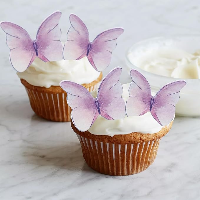 Ephlyn 48Pcs Edible Butterfly Cupcake Toppers Cute 3D Butterfly Cake Picks for Baby Shower Bridal Shower Boys Girls Birthday Party Cake Decorations Supplies Purple