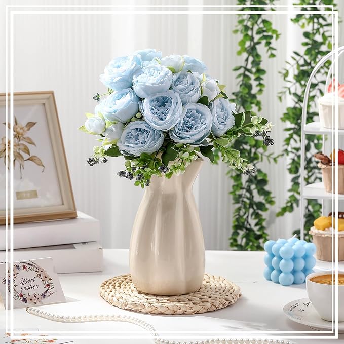 8 Bundles Artificial Peonies Flowers Boho Faux Flowers Arrangements Artificial Centerpiece Spring Bouquet Floral Wedding Decoration for Vase(Blue)