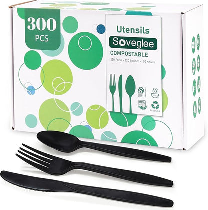 Black Compostable Silverware, 300 Count Compostable Utensils, Plastic 120 Forks 120 Spoons 60 Knives,Non Plastic Utensil, Eco Friendly Disposable Silverware for Party Office Wedding