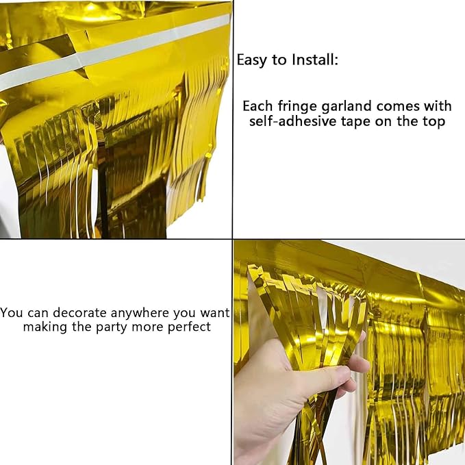 We Moment 6 Pack 10 Feet Gold Foil Fringe Garland Streamers Metallic Tinsel Banner Wall Hanging Fringe Curtain Glitter Backdrop Banner for Parade Floats Birthday Bachelorette Gold Party Decorations