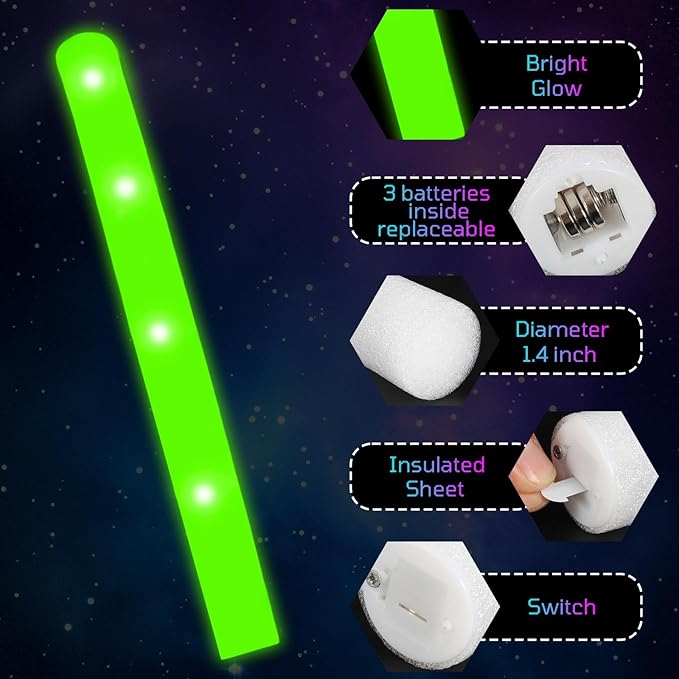 Foam Glow Sticks Bulk, 30 PCS Green Light Up Foam Sticks 3 Modes, Glow Party Supplies for Wedding,Raves, Carnival, Concert, 4th of July, Halloween, Christmas, New Year
