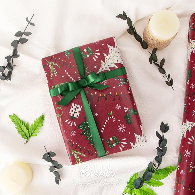 Ribbli Christmas Wrapping Paper Reversible Christmas Tree and Red Green Stripe Gift Wrapping Paper-17 Inch x 33 Feet