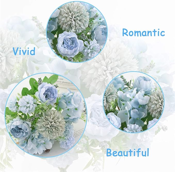 Artificial Flowers, Fake Peony Silk Hydrangea Bouquet Decor Plastic Carnations Daisy Realistic Flower Arrangements Wedding Decoration Table Centerpieces,for Home Office Party Decor 2 Pcs(Blue)