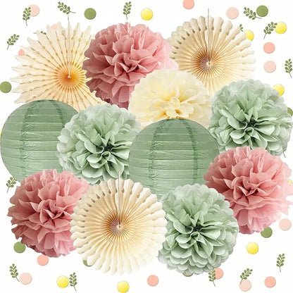 Dusty Pink and Sage Green Party Decorations Dusty Rose Sage Green Tissue Pom Poms Paper Lanterns Confetti Dots Scatter Table Decoration for Women Girls Birthday Party Wedding Baby Shower Engagement