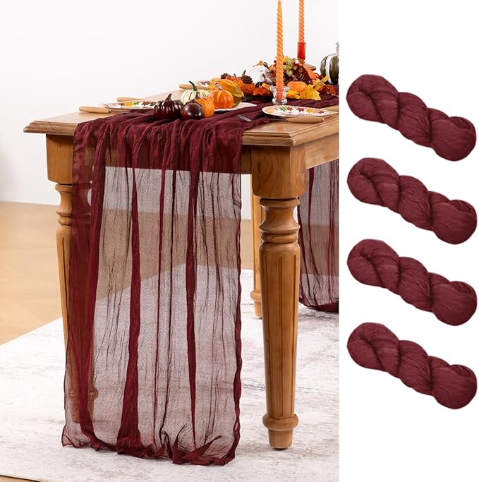 Burgundy Red Cheesecloth Table Runner 4 Pack Fall Table Runners Boho Gauze 120 Inches Red Cheese Cloth Fall Table Decorations for Thanksgiving Christmas Weddings Bridal Shower Candlelight