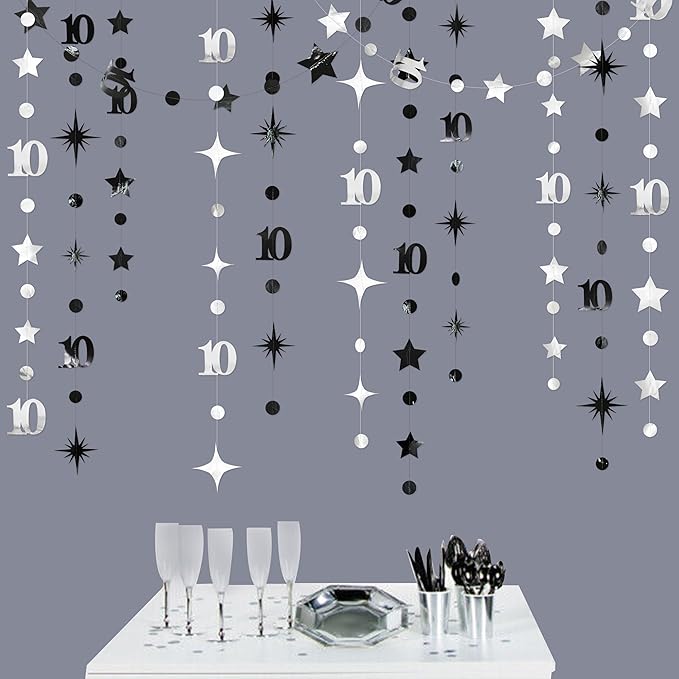 Silver Black 10th Birthday Decorations Number 10 Circle Dot Twinkle Star Garland Metallic Hanging Streamer Backdrop for Girls Boys Double Digits Ten Years Old Birthday 10th Anniversary Party Decor