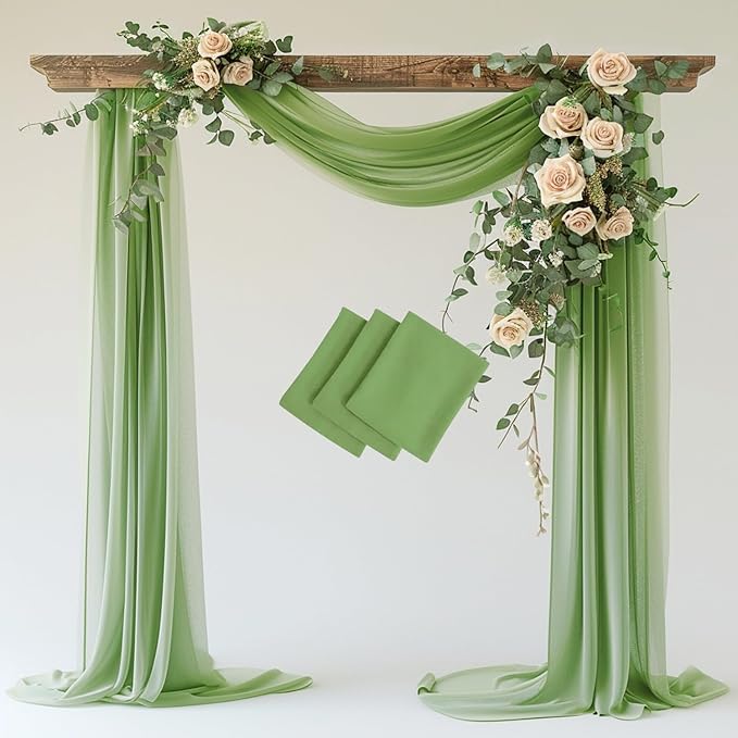 Wokceer Wedding Arch Draping 3 Panels 28.7" x 20FT Sage Green Sheer Fabric Backdrop for Ceremony, Birthday Party, Bridal Shower Decoration