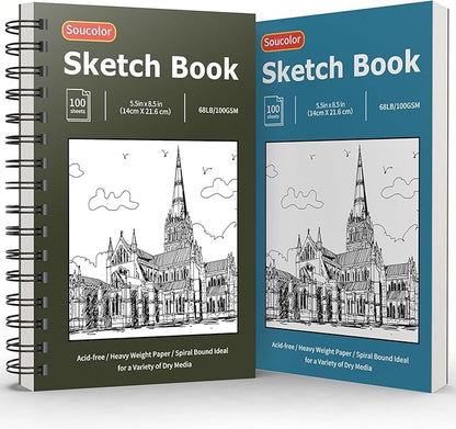 Soucolor 5.5" x 8.5" Sketchbook Pack of 2, 200 Sheets Blank Journal Notebook, A5, Spiral Bound Sketch Pad Drawing Book Acid-Free Paper (68lb/100gsm), Painting Sketching Drawing Notebook Art Supplies