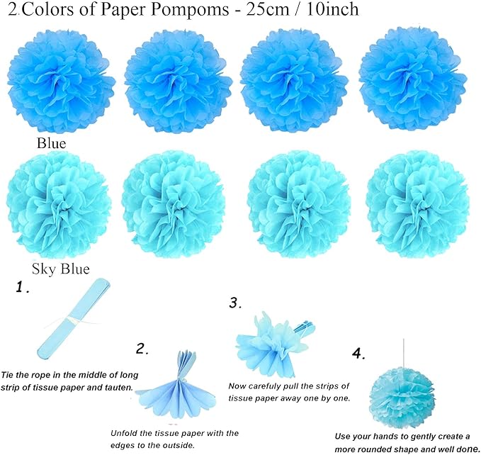 ZERODECO Party Decoration, 21 Pcs Blue Hanging Paper Fans, Pom Poms Flowers, Garlands String Polka Dot and Triangle Bunting Flags for Boy Birthday Parties, Bridal Showers, Baby Showers, Wedding