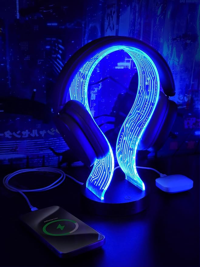 Light Up Headphone Stand with 16 Color Lights, PCB Pattern Acrylic Headset Stand with 1 USB and 1 Type-C Charging Ports, Gifts for Gamers Men and Music Lovers