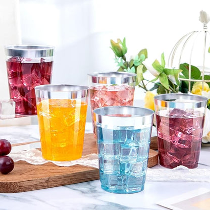 DaYammi 200 Pack Silver Plastic Cups 10 Oz Clear Plastic Cups Silver Rimmed Disposable Wine Glasses Heavy Duty Disposable Tumblers Drinking Cocktail Glasses for Party Wedding