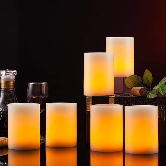 Flameless Flickering LED Candles 3" X 4" with 10-Key Remote Control Timer Classic Pillar Optical Fiber Wick Real Wax Battery Operated Candles, Ivory Color, Set of 6