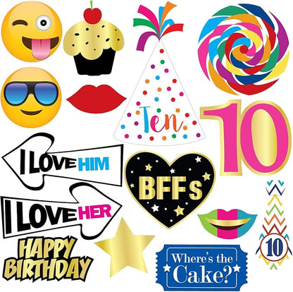 10th Birthday Photo Booth Party Props - 40 Pieces - Funny 10th Birthday Party Supplies, Decorations and Favors
