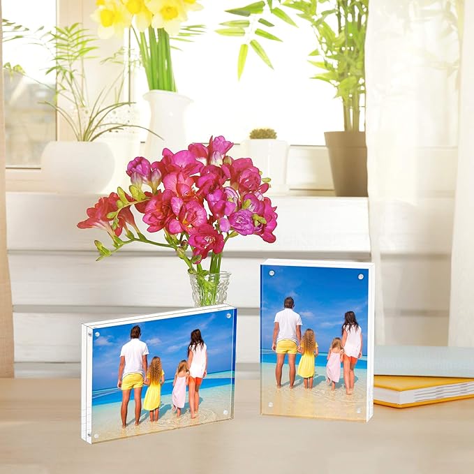 Meetu Acrylic Picture Frame 8x10,Clear Freestanding Double Sided 24mm Thickness Frameless Magnetic Photo Frames Desktop Display with Gift Box Package (5 Pack)