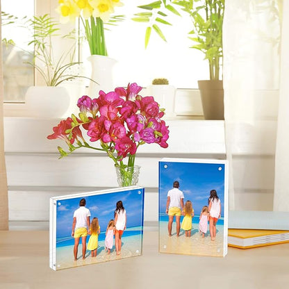 Meetu Acrylic Picture Frame 3.5 x 5 inch,2 Pack Clear Freestanding Double Sided 20mm Thickness Frameless Magnetic Photo Frames Desktop Display with Gift Box Package