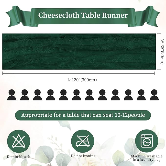 6 Pack Emerald Green Cheesecloth Table Runner 10FT Long Boho Gauze Table Runner Rustic Sheer Runner for Wedding Bridal Baby Shower Birthday Party Table Decor Fall Thanksgiving Christmas Decorations