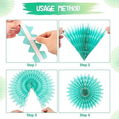 SUNBEAUTY Pack of 11 Green White Party Decoration Hanging Honeycomb Round Paper Fans Kit for Dinosaur Theme Birthday Baby Shower Summer Forest Carnival St.Patrick's Irish Backdrop Party Supplies