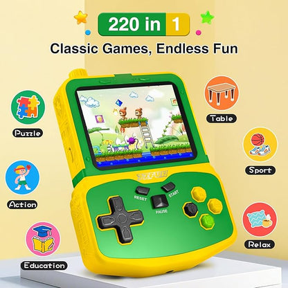 Kids Handheld Video Game Player, 220 Preloaded Classic Games, Portable Plug & Play Retro Game Console with 3.5'' Screen & Rechargeable Battery, No Ads, Mute Function for Travel-Green
