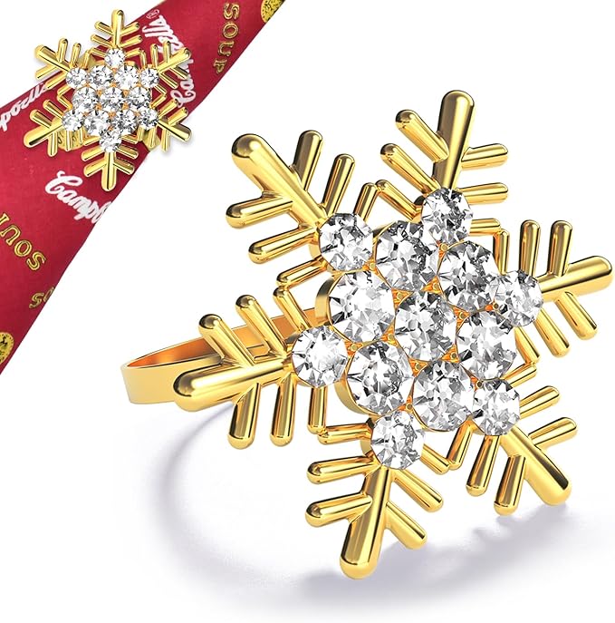 Halatool Christmas Napkin Rings Set of 12, Gold Snowflake with White Rhinestone Napkin Holder for Christmas Thanksgiving Winter Holiday Place Setting, Weddings, Party Table Decoration