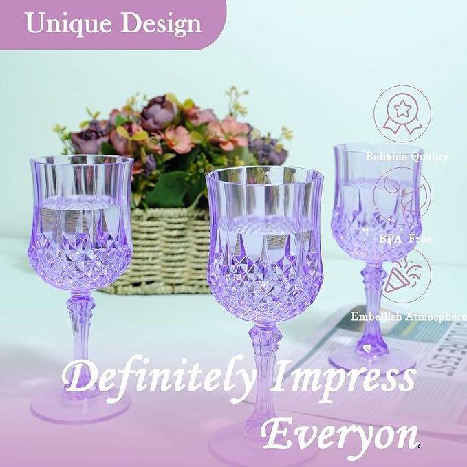 Plastic Wine Glasses，Plastic Goblets Vintage Style Cordial Drinking Glasses for Wedding Reception, Grand Event Party Supplies (12, Purple)