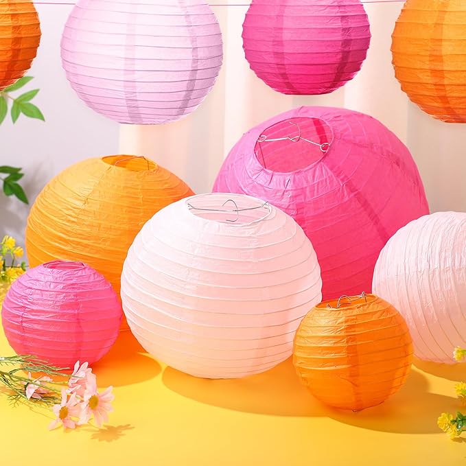 Riakrum 16 Pcs Pink and Orange Paper Lanterns Birthday Party Decorations Mixed Size 6'' 8'' 10'' 12'' Colorful Chinese Hanging Paper Lanterns for Wedding Home Decorations Supplies