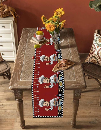 Red Chef Gourmet Cotton Linen Table Runner for Dining Kitchen, Wedding Outdoor Party Tablerunners Decoration, Black White Check Plaid Funny Kitchen Dresser Scarf Coffee Tablecloth Runners 13''x108''