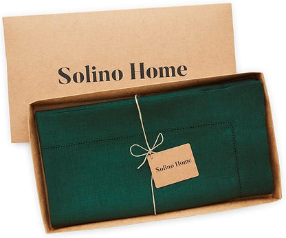 Solino Home Rainforest Green Linen Tablecloth 52 x 52 Inch - 100% Pure Linen Square Table Throw - Classic Hemstitch, Machine Washable Table Cloth for Fall, Autumn, Thanksgiving, Christmas, Holiday