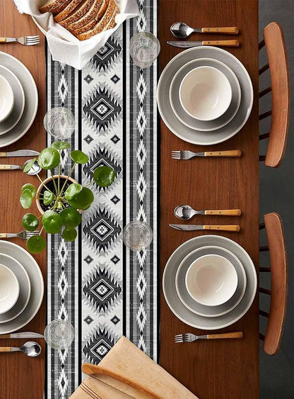 Aztec Southwest Cotton Linen Table Runner for Dining Kitchen, Wedding Outdoor Party Tablerunners Decoration, Boho Ethnic Tribes Vintage Grey Dresser Scarf Coffee Tablecloth Runners 13x120 Inches