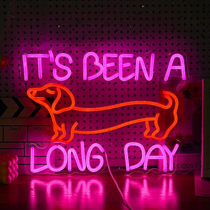 Dimmable Dog Neon Sign Pink It’s Been A Long Day Neon Light for Wall Decor Red Cute Dachshund LED Light Up Sign with USB for Bedroom Pet Shop Dog Theme Party Decor Gift for Dog Lovers (16.5*12.6In）