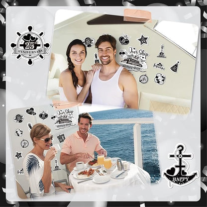 25th Anniversary Cruise Door Magnets Decorations, Black Silver Happy 25th Anniversary Cruise Ship Door Decor Magnetic for Married in 2000 Men Women Wedding Party Refrigerator Fridge Car Kitchen Garage
