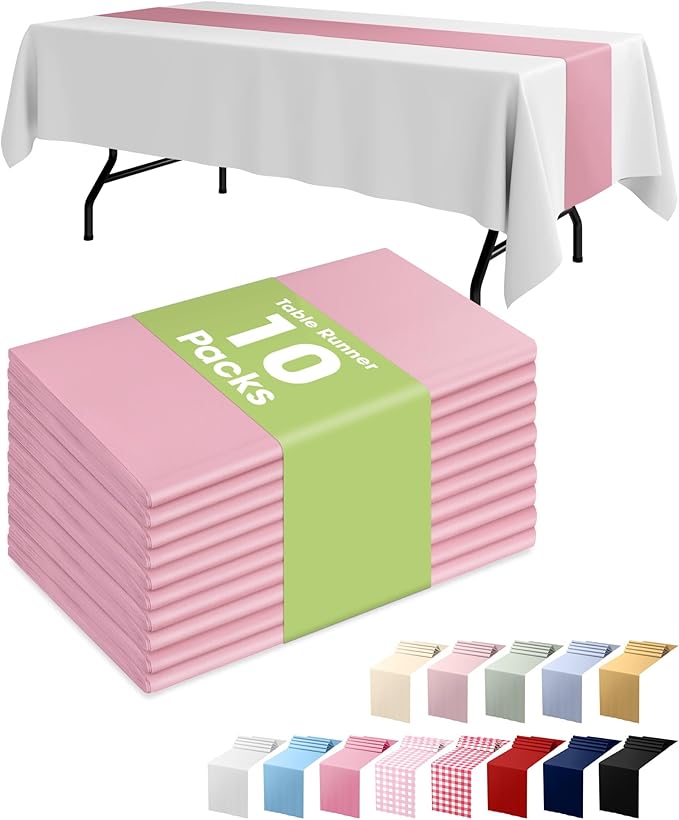 Pureegg Light Pink Plastic Table Runners - 10 Pack, 14'' x 108'', Water Resistant & Disposable Centerpiece Decorations for Table Cloth, Wedding, Birthday, Holiday, Baby Shower, Party, Home Decor